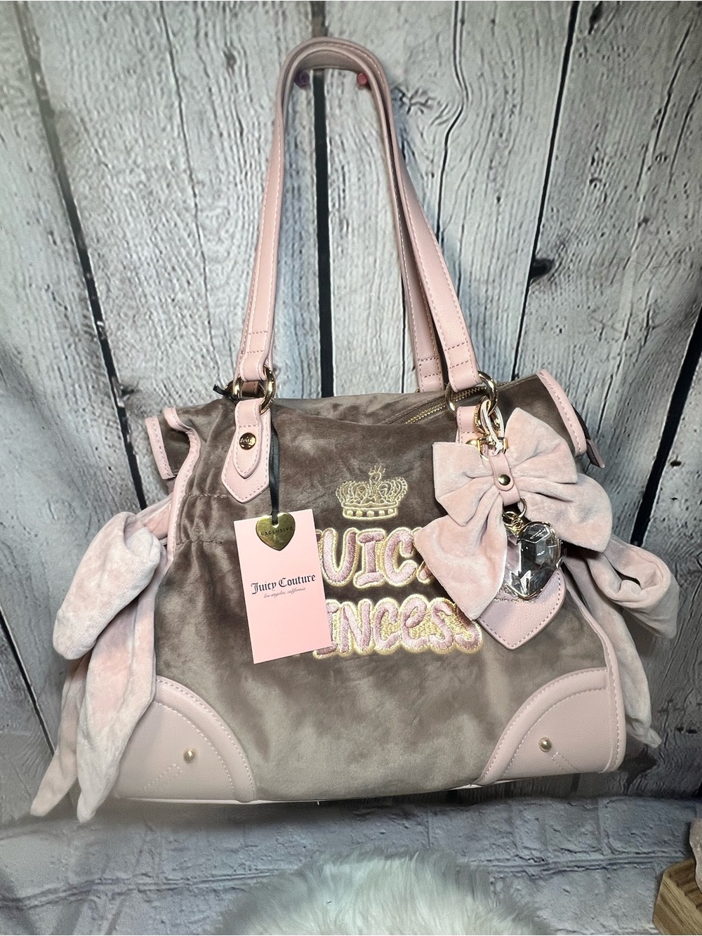 Juicy Couture Taupe Velvet Satchel with Pink Trim and Bow Charm
